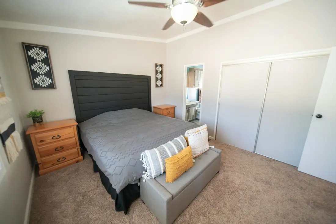 A bright bedroom inside a rental home